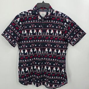 MBX  Christmas Button Down Shirt Mens M‎ Navy Santa Reindeer Candy Cane Cotton